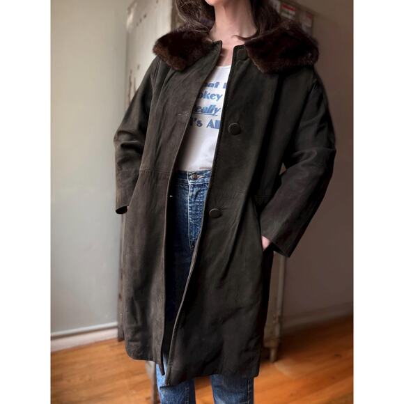 Vintage 60s Suede Fur Collar Coat | Chocolate Brown Mink Trim | Size M/L - Picture 3 of 14